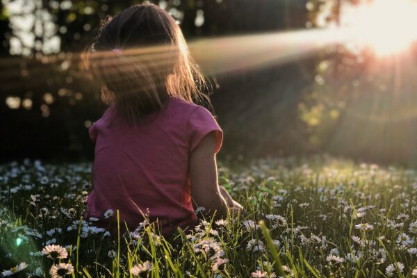 girl sitting on daisy flowerbed in forest